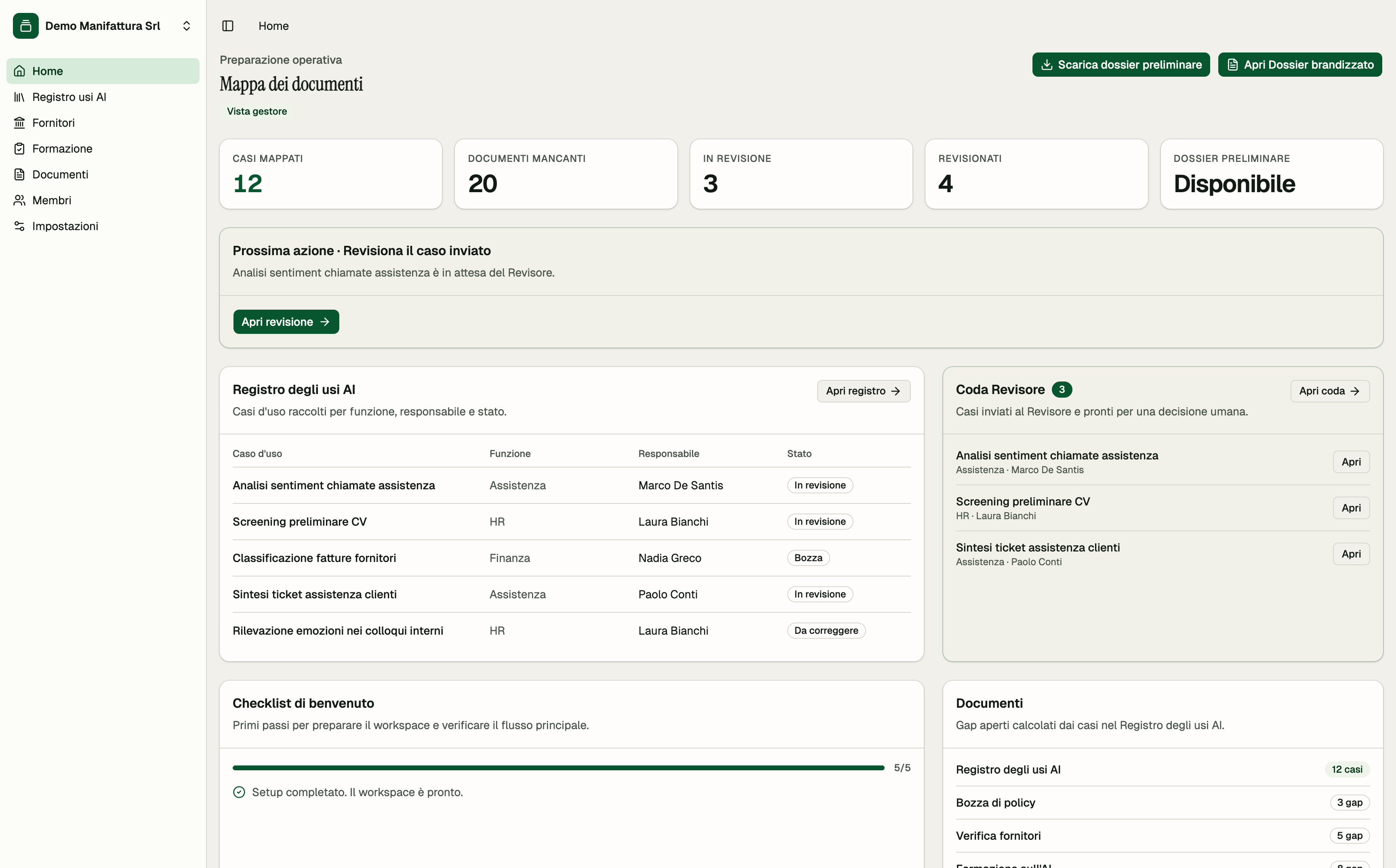 Actus dashboard showing AI Use Cases, missing evidence, reviewer queue and the next action