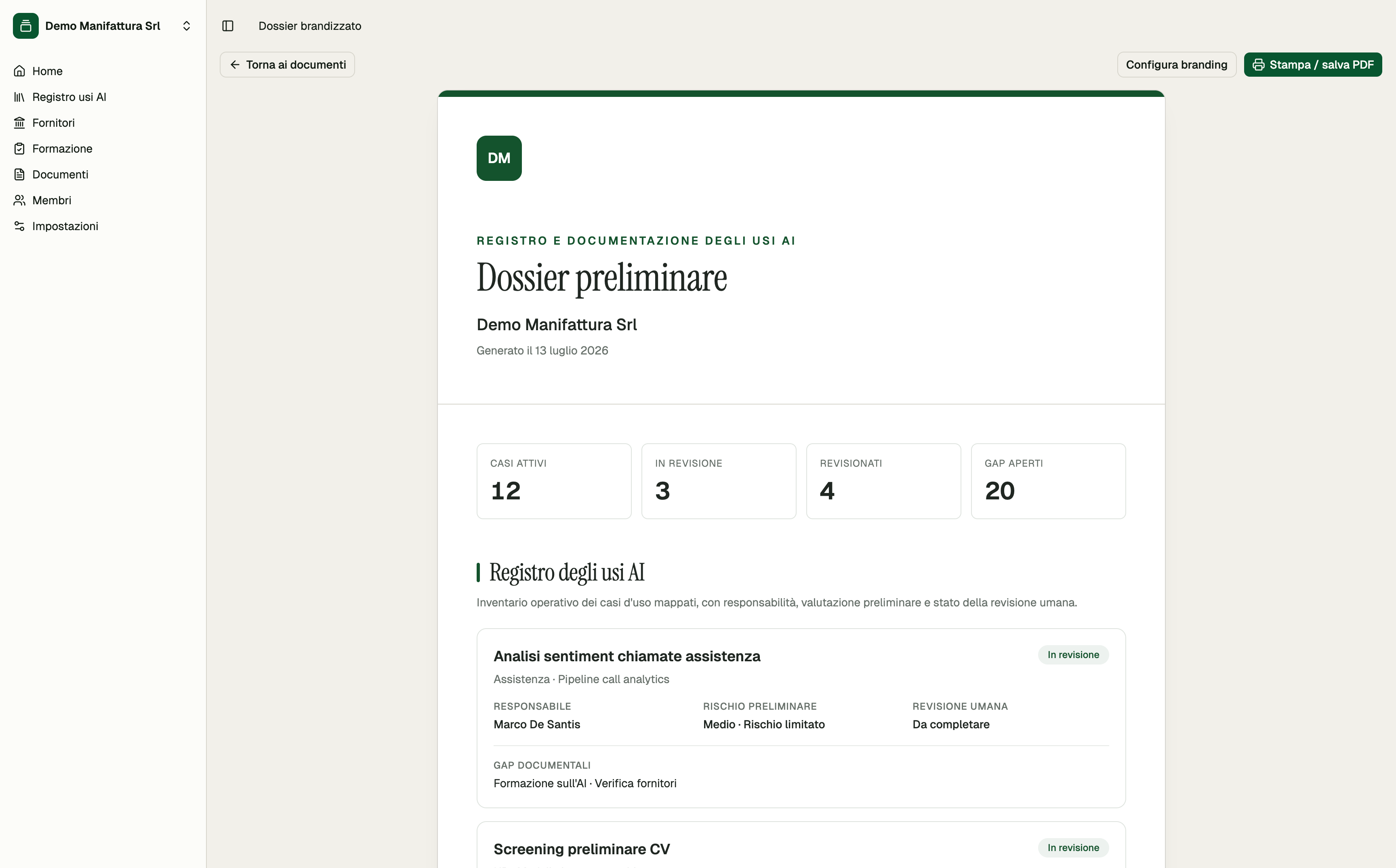 Dossier preliminare Actus con riepilogo, Registro e stato dei gap