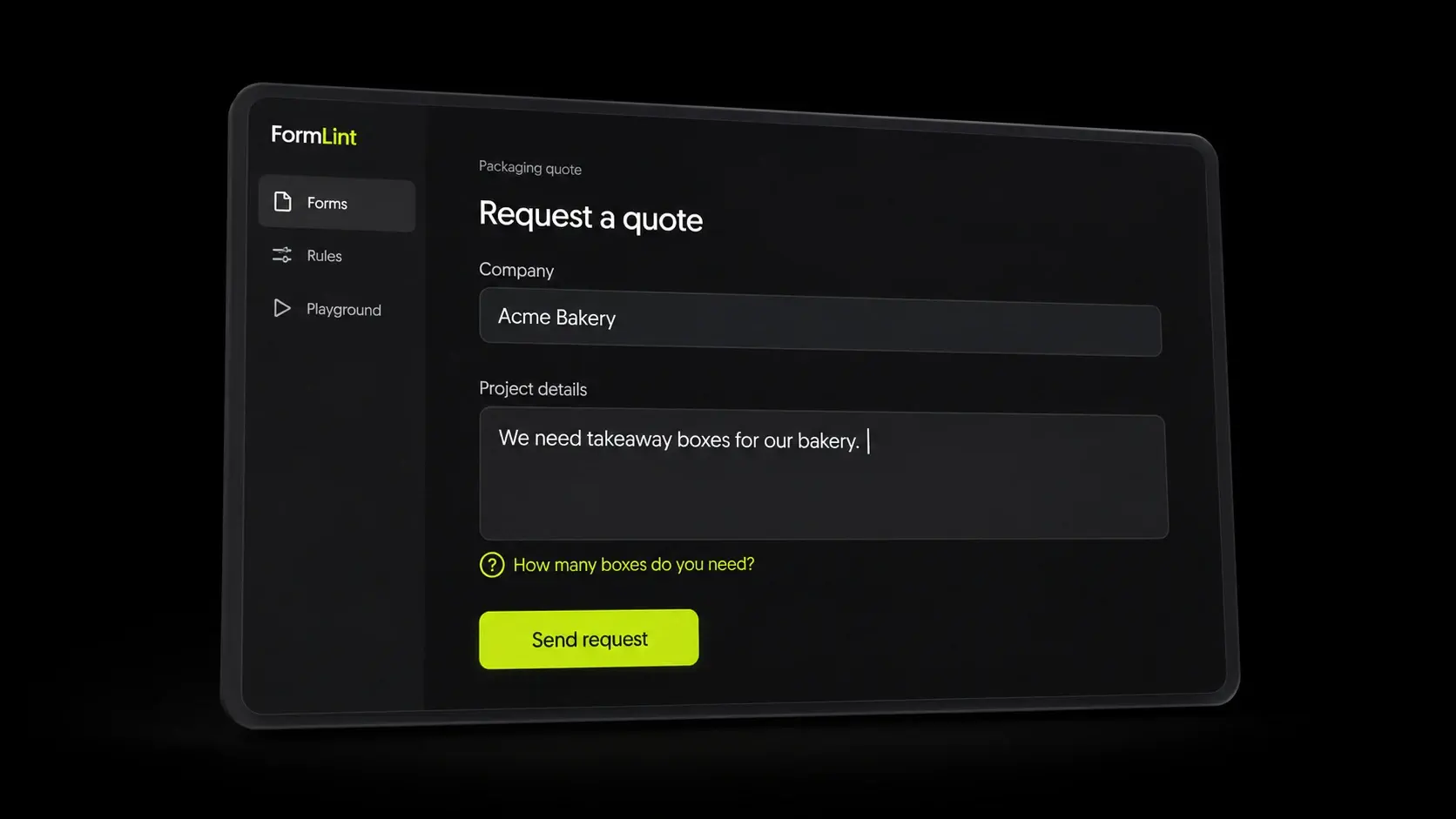 FormLint asks for a missing quantity directly below a quote request field, helping the visitor add useful detail before submitting.