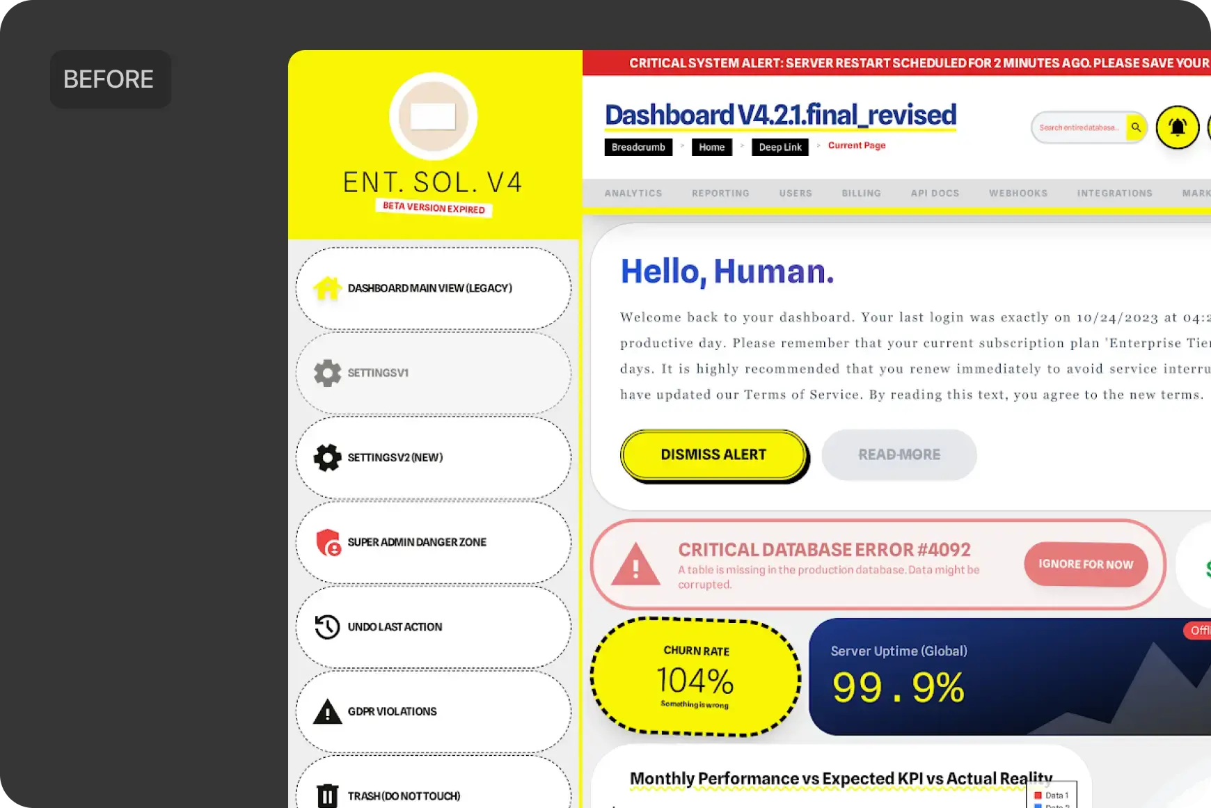Before — Overwhelming UI and unclear data hierarchy