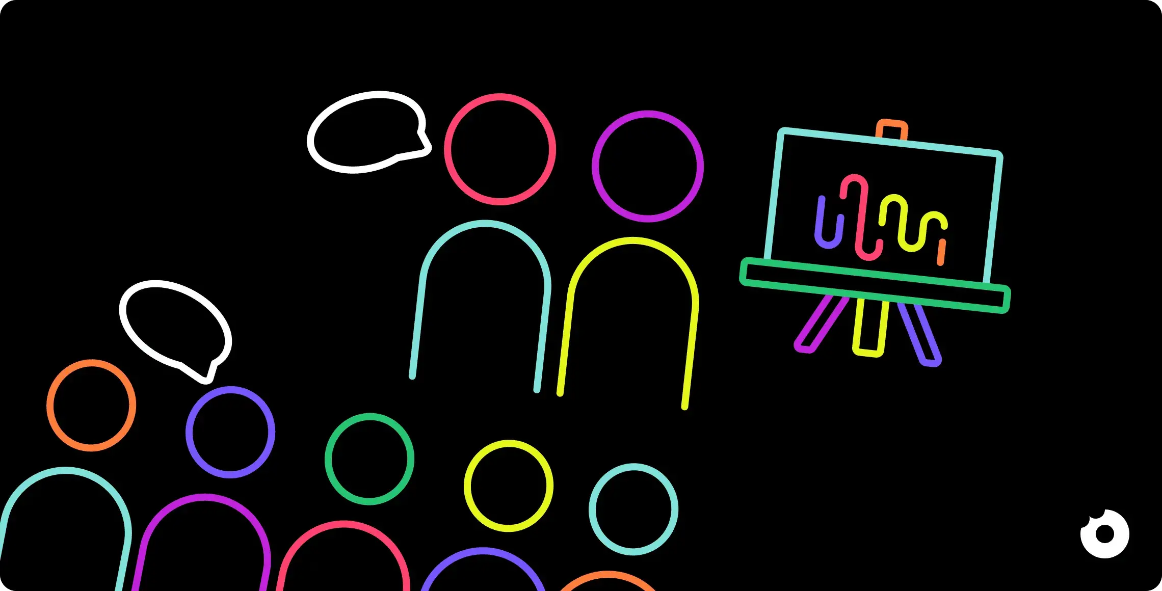 Colorful line-art illustration of a group of people discussing while two presenters stand near a chart on an easel