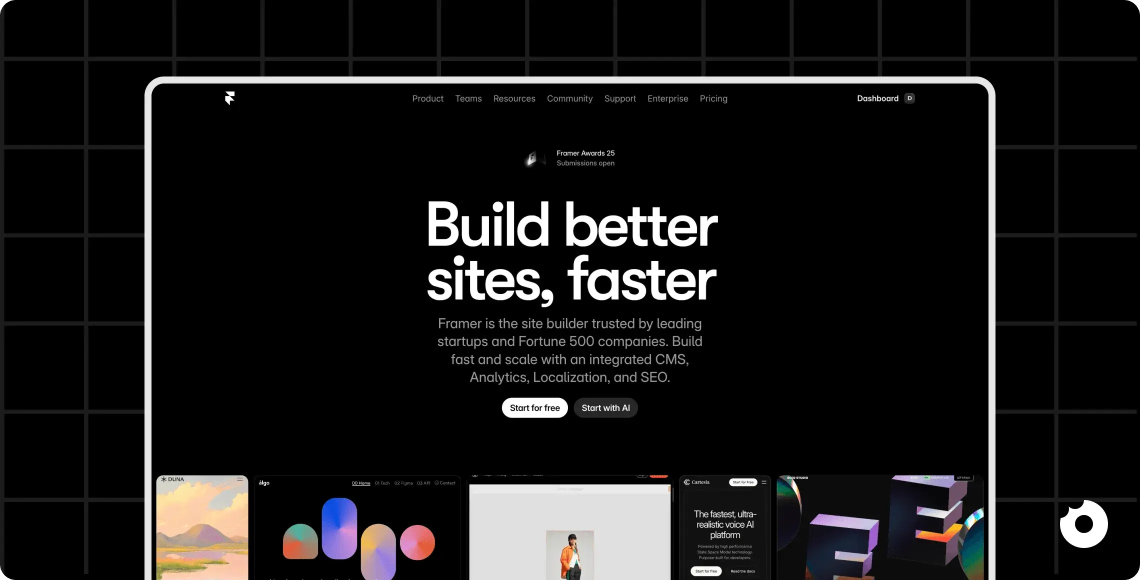 Framer homepage hero section with headline build better sites faster and call to action buttons on a dark background