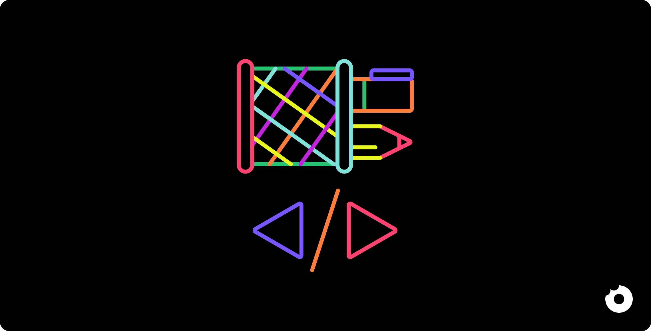 Abstract illustration of a design to code pipeline showing a wireframe block transforming into code symbols with colorful geometric lines on a dark background