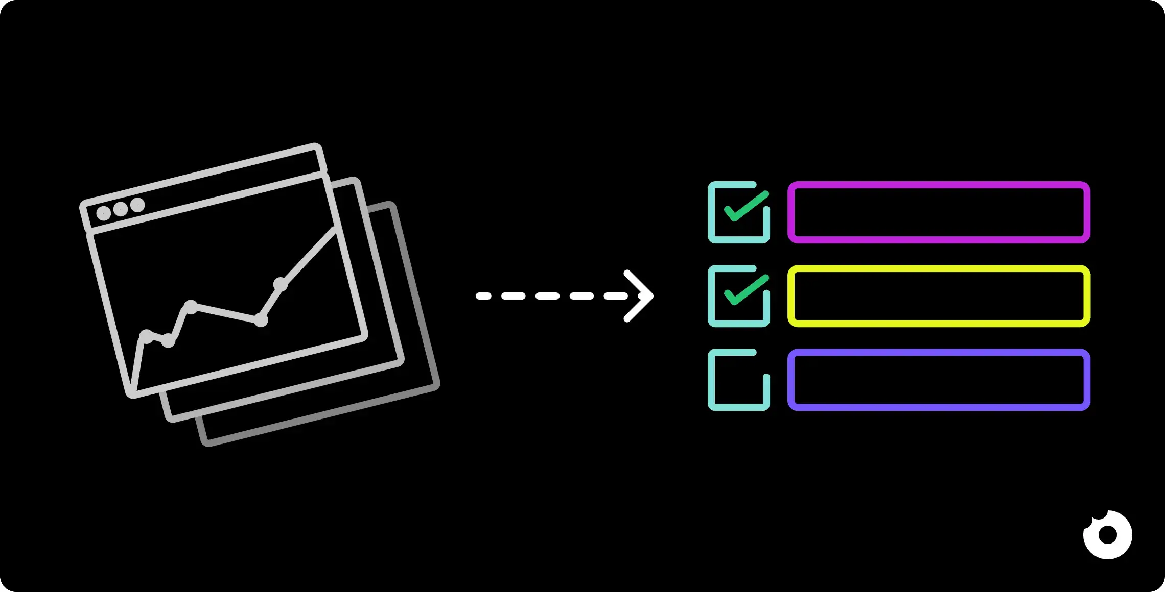 Illustration showing web screens transforming into a checklist, representing organising insights after user testing