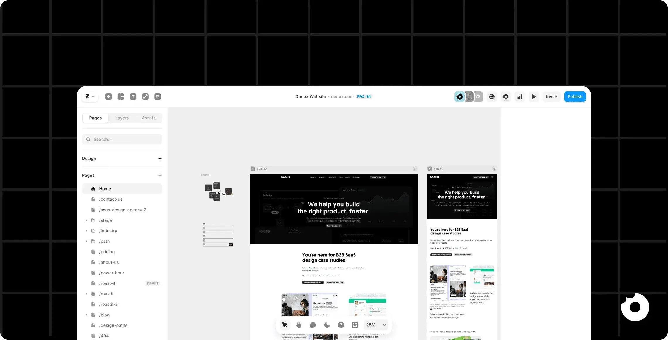 Framer editor interface showing a B2B SaaS website layout in desktop and mobile views