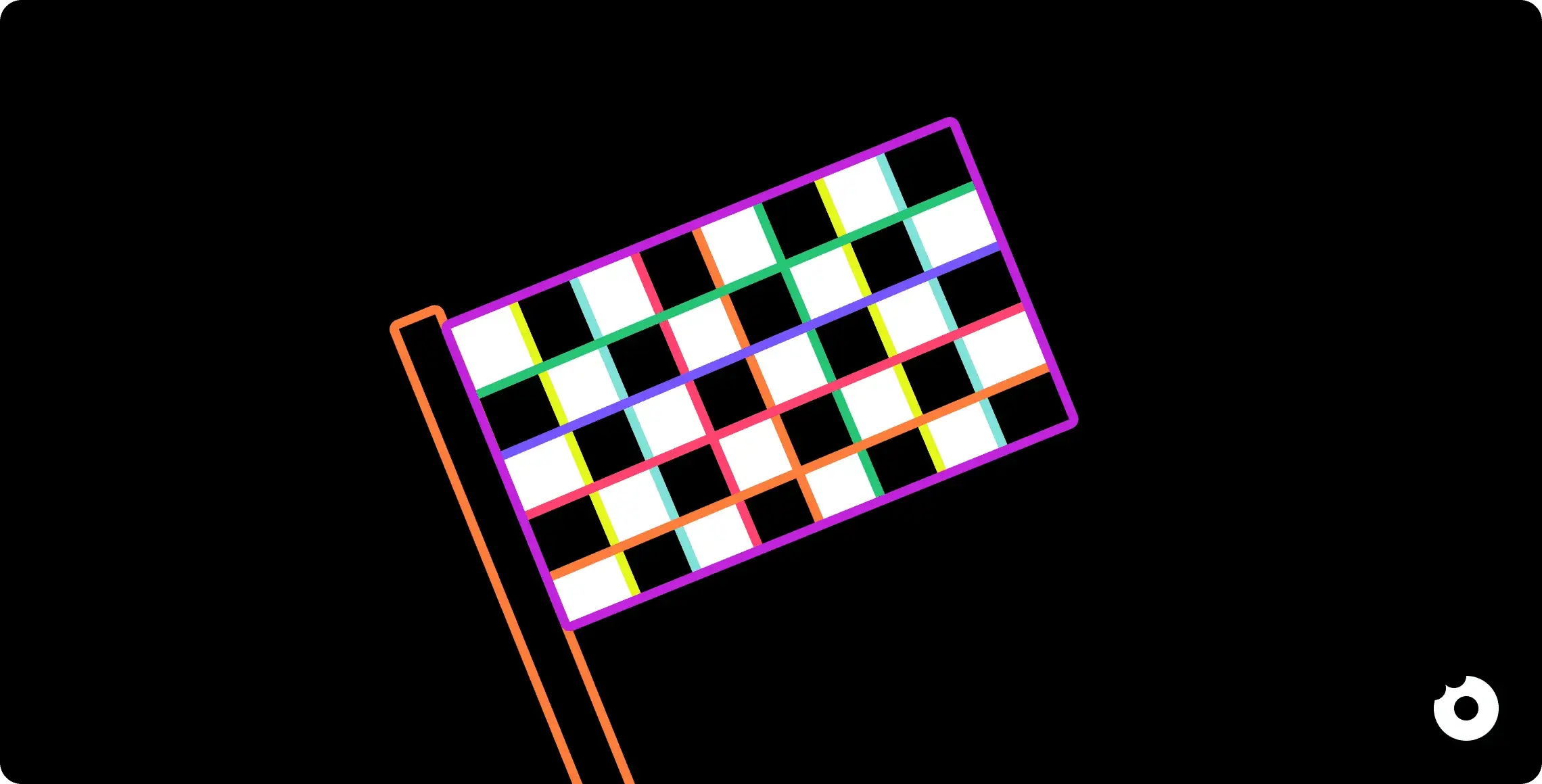 Colorful grid-style flag icon with multicolored lines on a black background