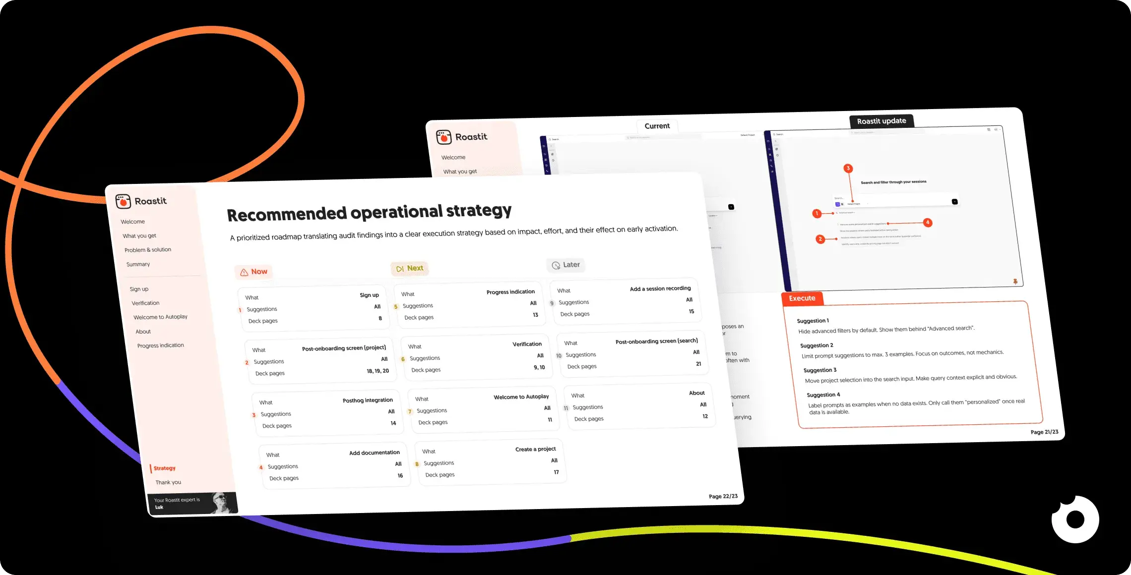 Screens showing a Roastit UX audit report with a recommended operational strategy roadmap and annotated interface improvements on a dark background