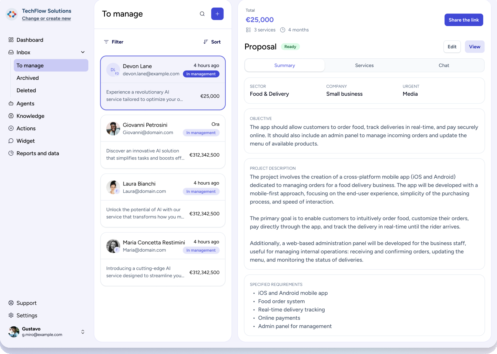Bonobo AI inbox with an AI-generated proposal summary