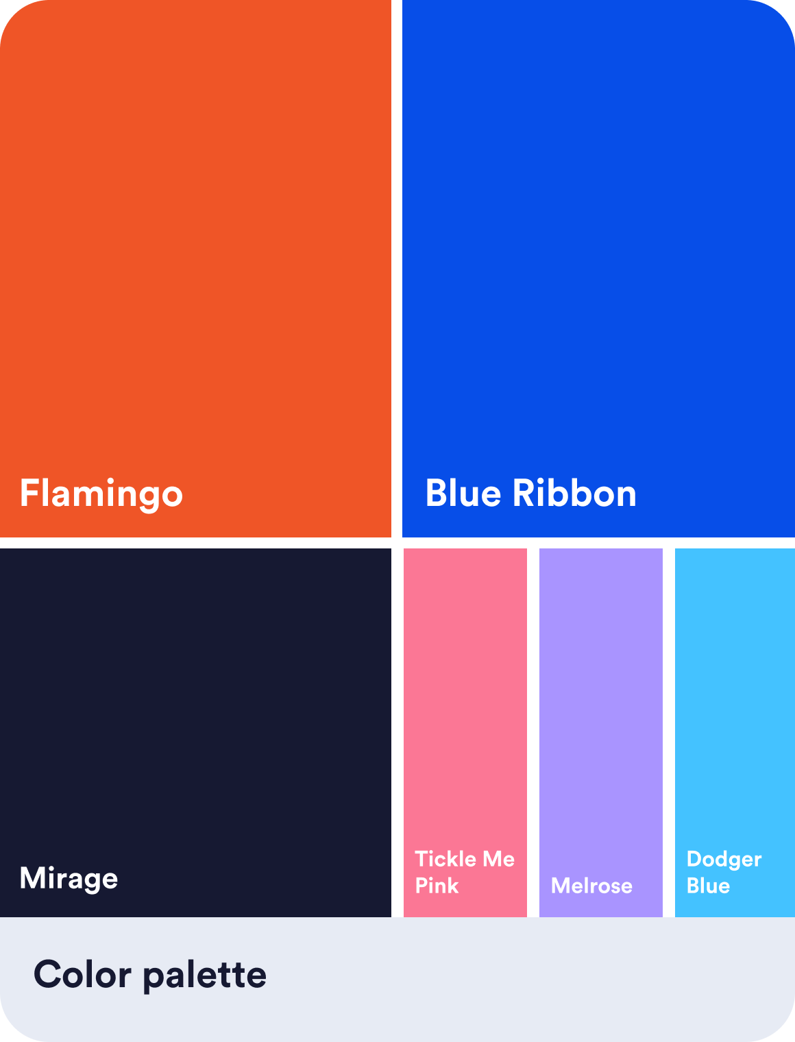 Condeo brand color palette: Flamingo, Blue Ribbon, Mirage, Tickle Me Pink, Melrose, Dodger Blue