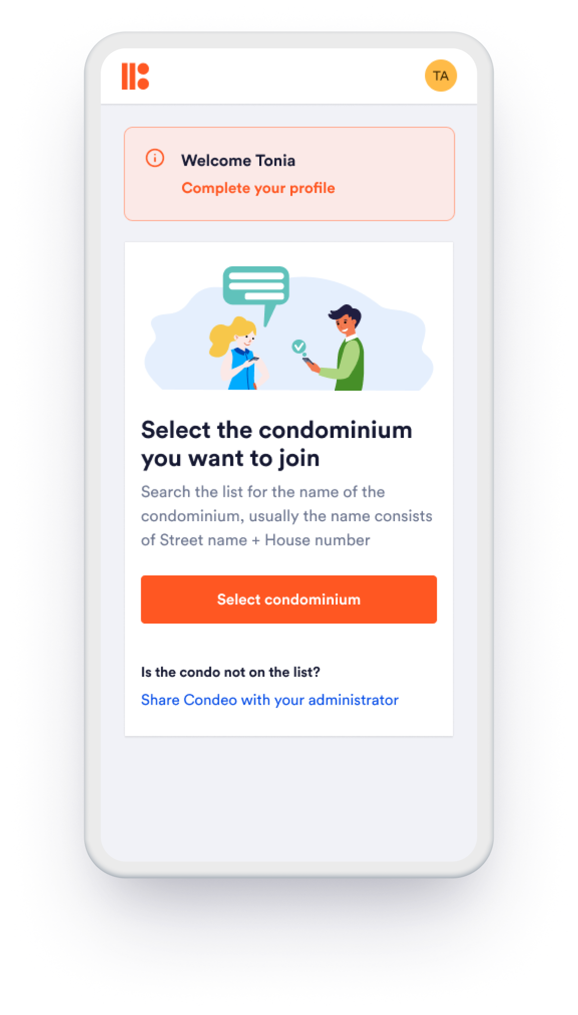 Condeo onboarding flow to select a condominium
