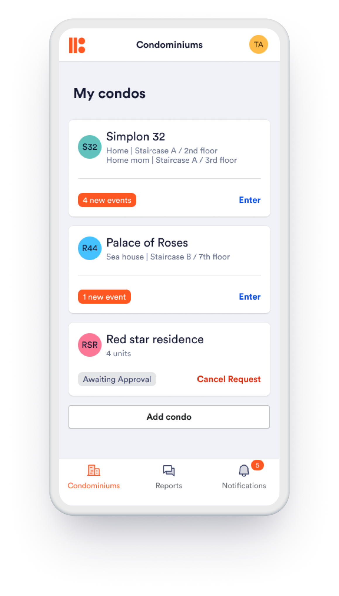 Condeo My condos list with events and requests
