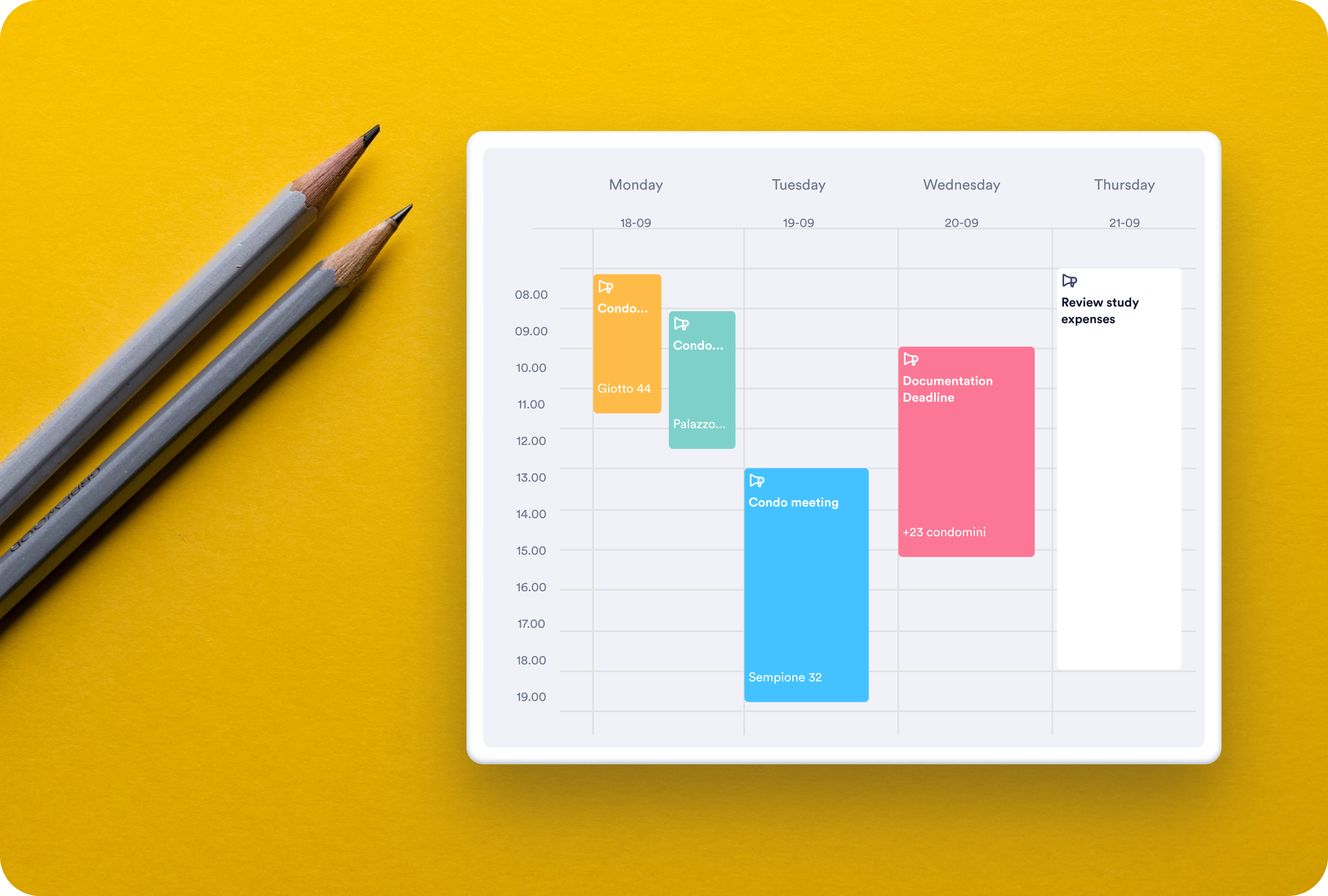 Condeo calendar view with weekly meetings and documentation deadlines
