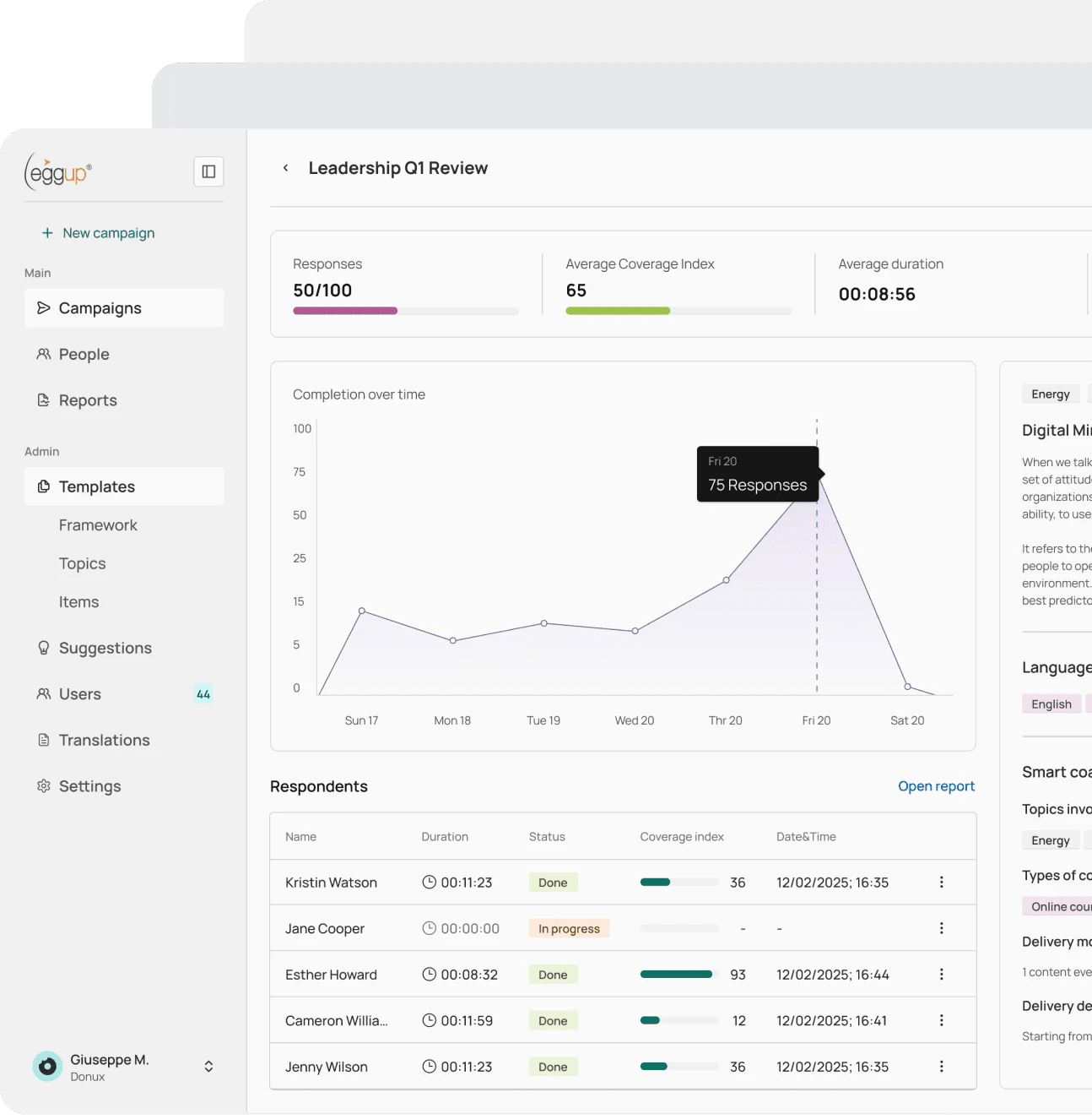 Eggup campaign dashboard with completion chart and respondents list