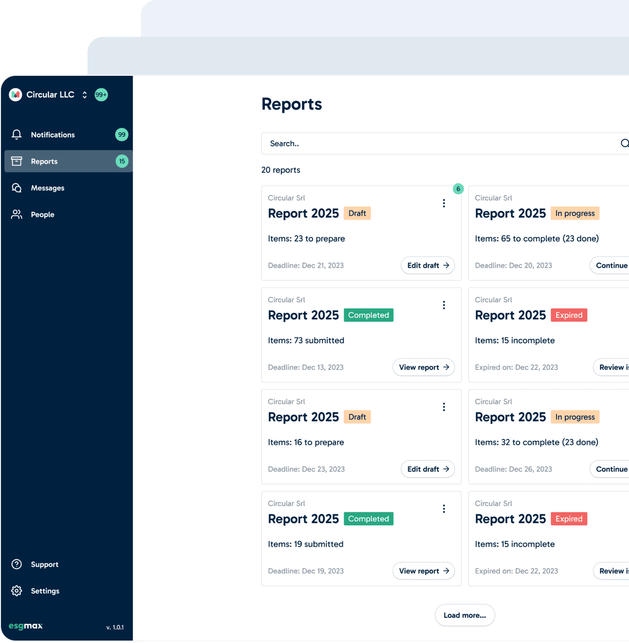 ESGMax reports dashboard with report status cards