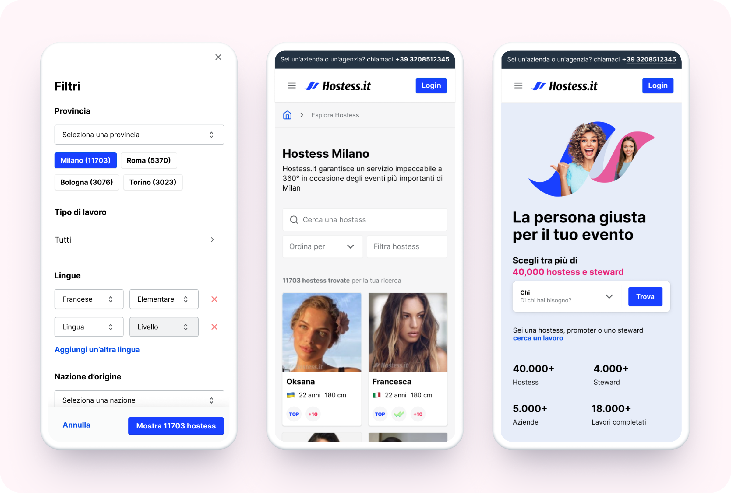 Hostess.it mobile filters, city page and landing screens