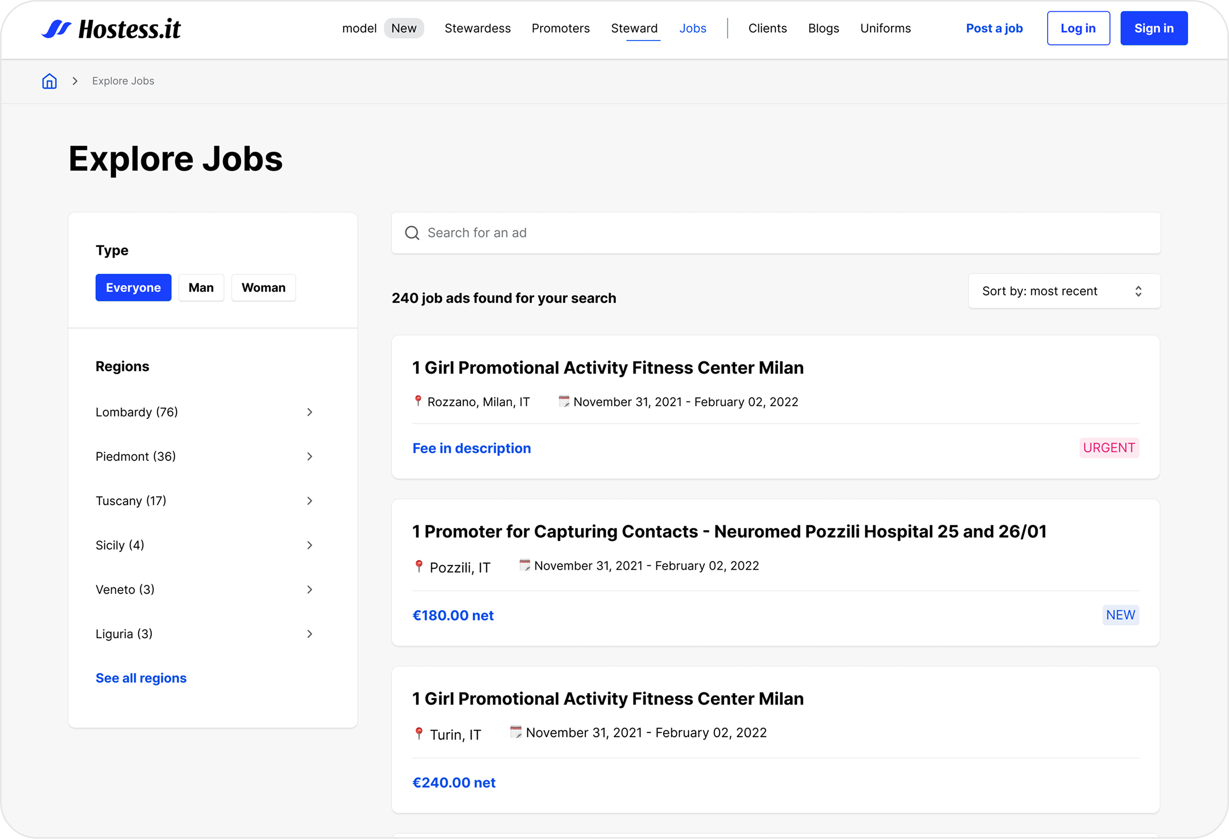 Explore Jobs page for promoters with filters and listings