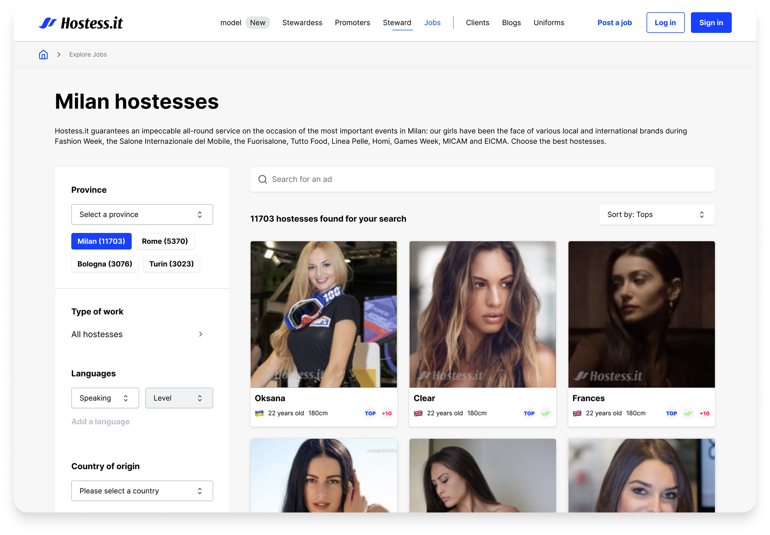 Milan hostesses search results page