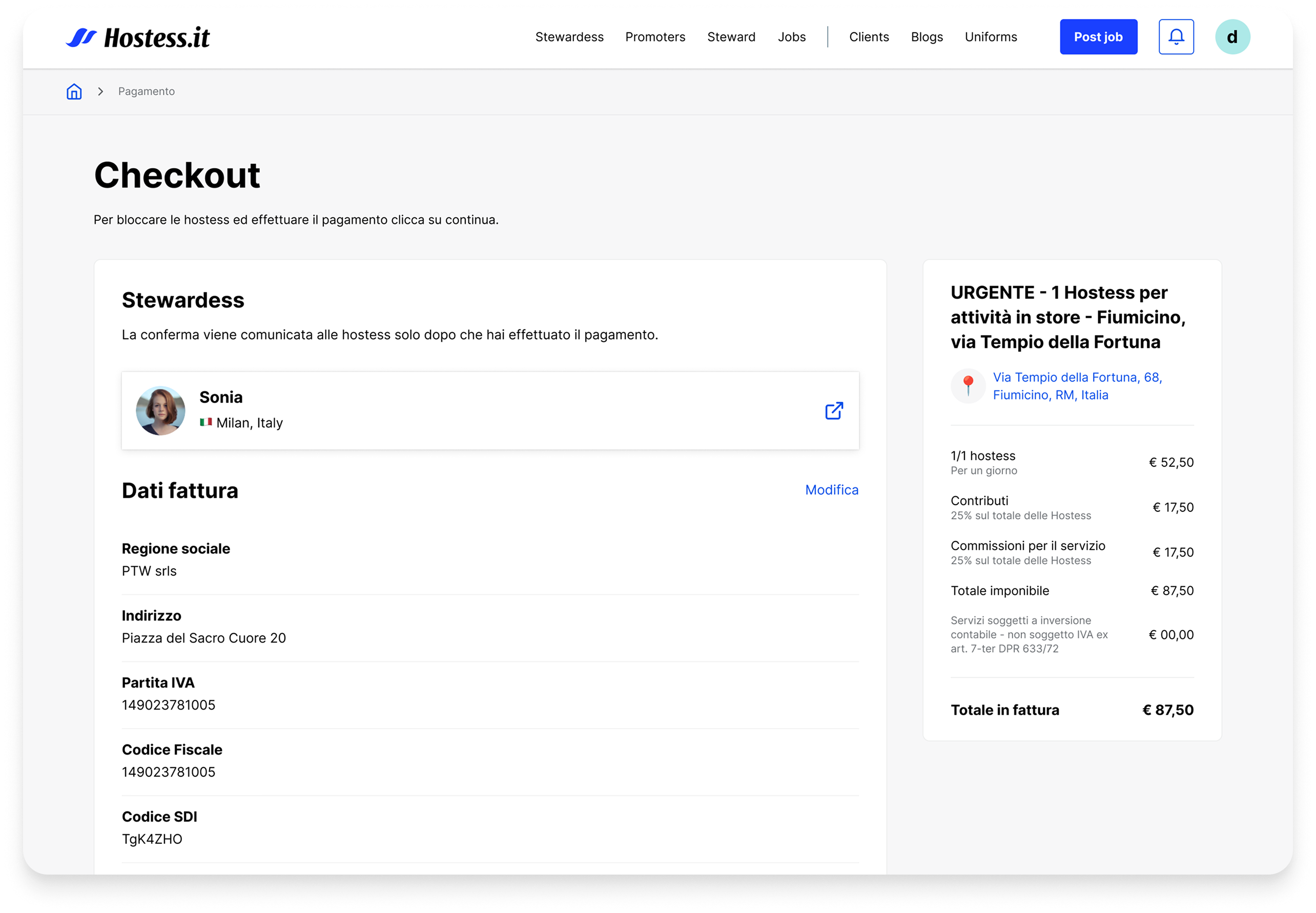 Hostess.it checkout and invoicing flow