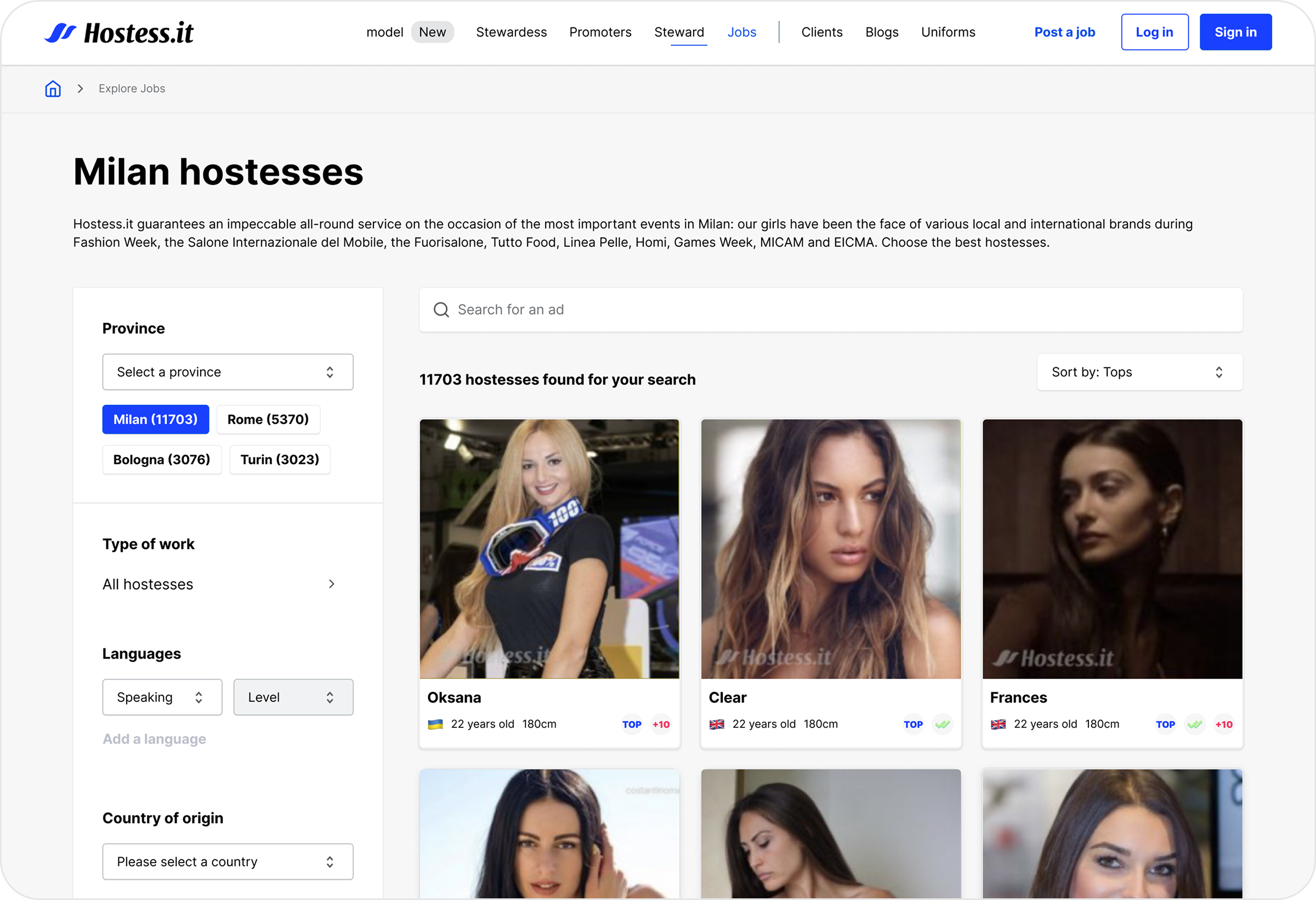 Redesigned Milan hostesses search page for companies