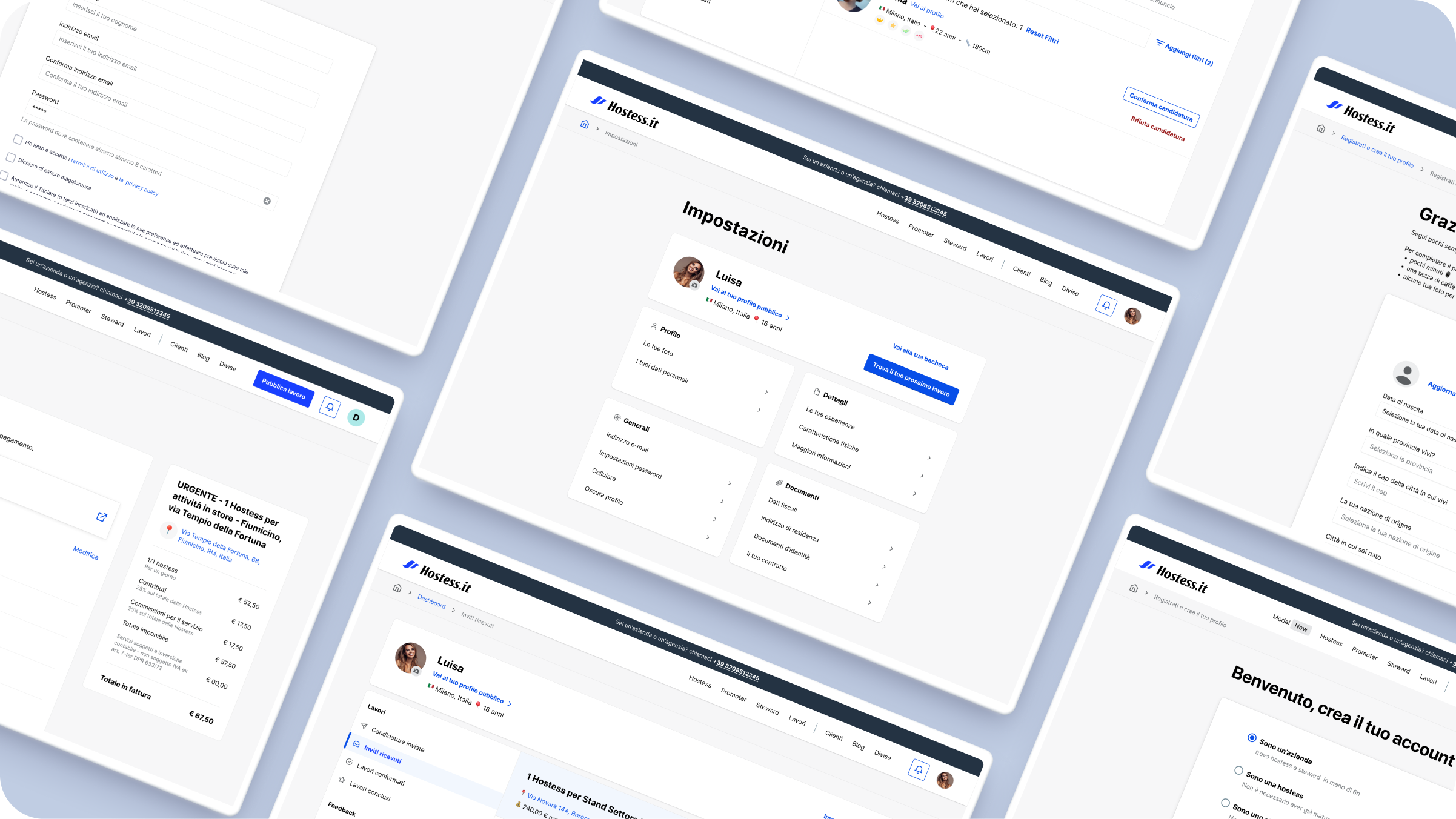 Angled mockups of redesigned Hostess.it dashboards and settings