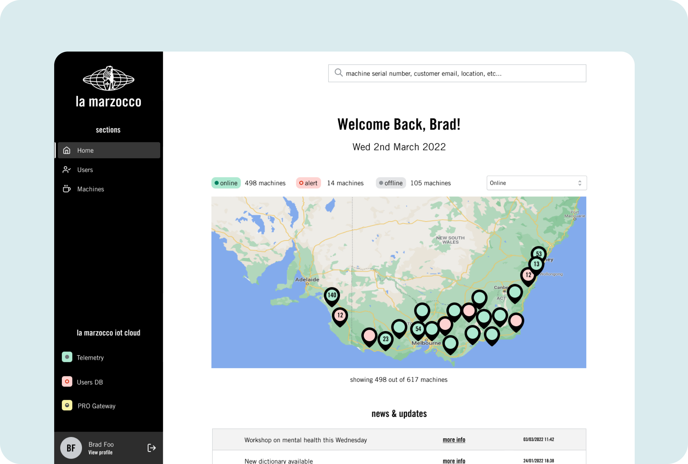 La Marzocco aftersales advisor dashboard with global machine map