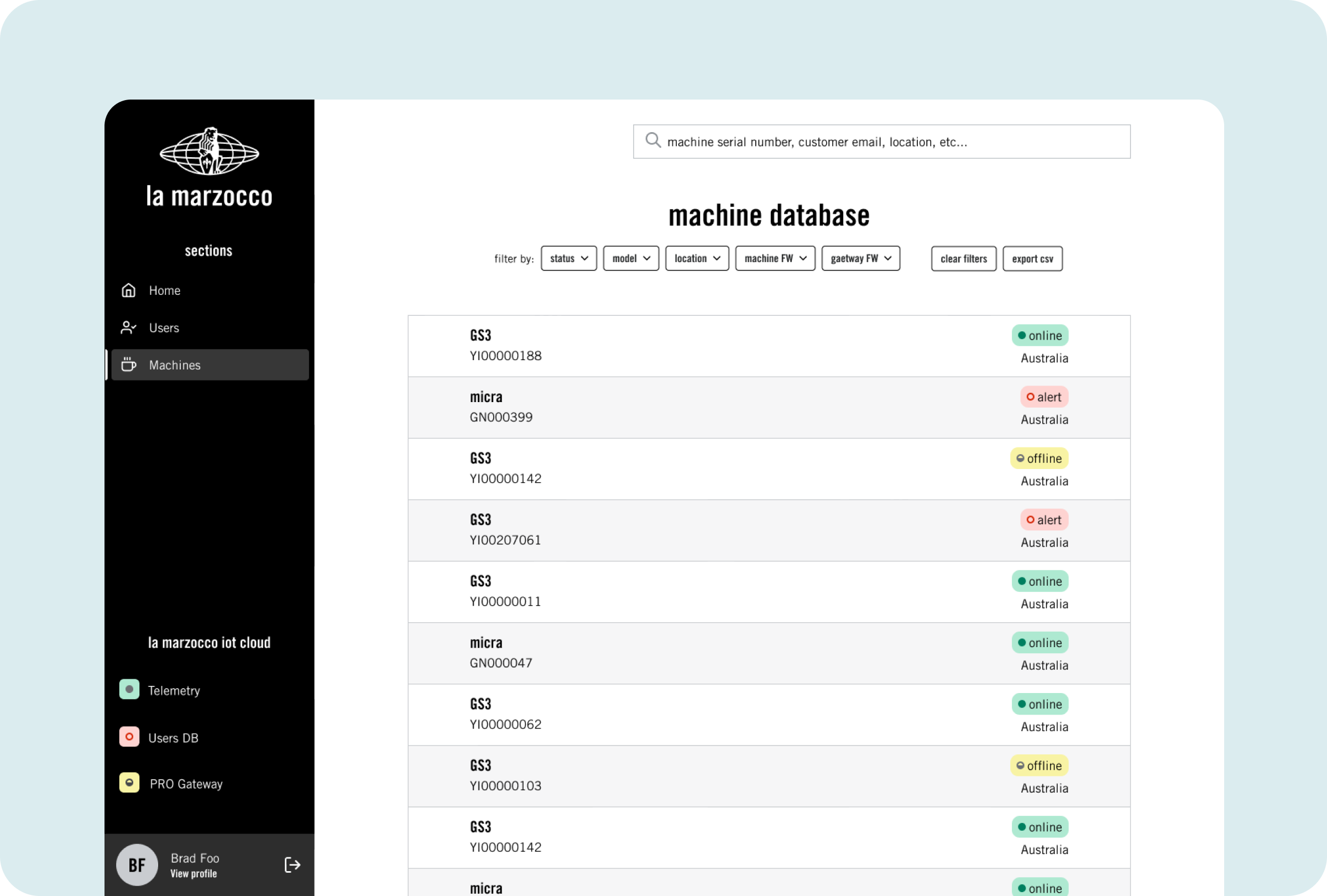 La Marzocco unified machine database list view