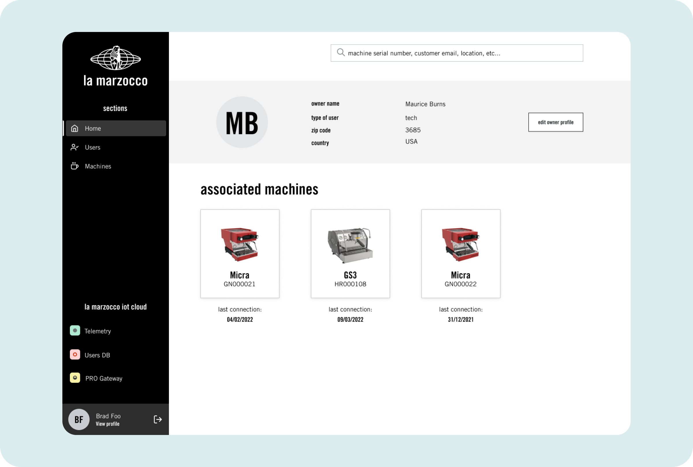 La Marzocco owner profile with associated machines