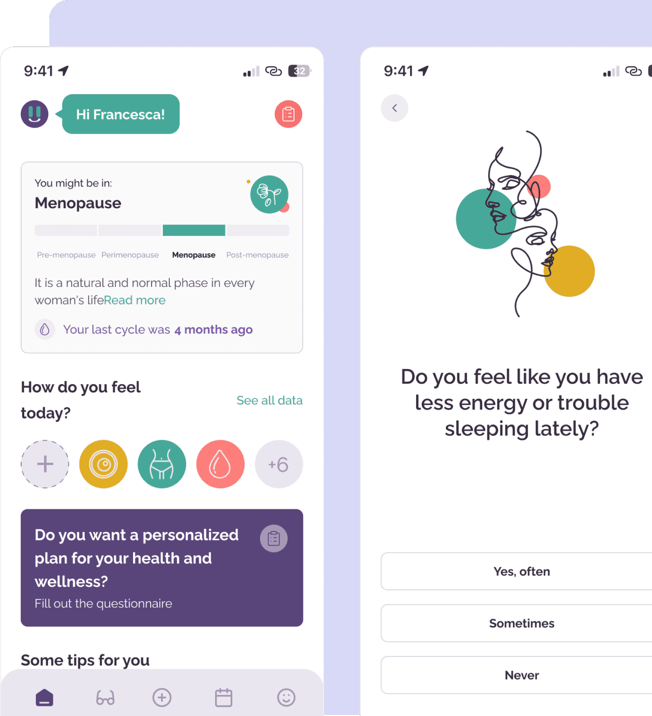 Pausetiv menopause care app screens