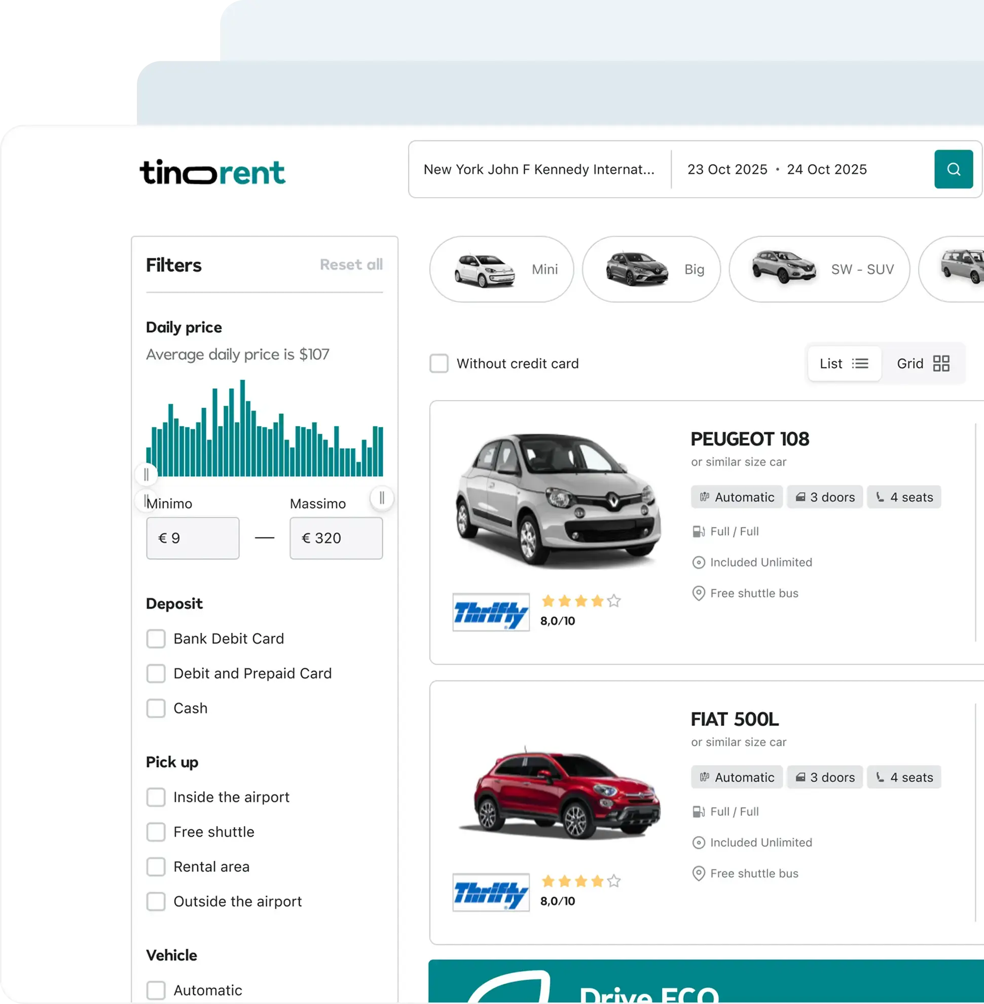 Tinorent car rental search results page with filters and vehicle offers