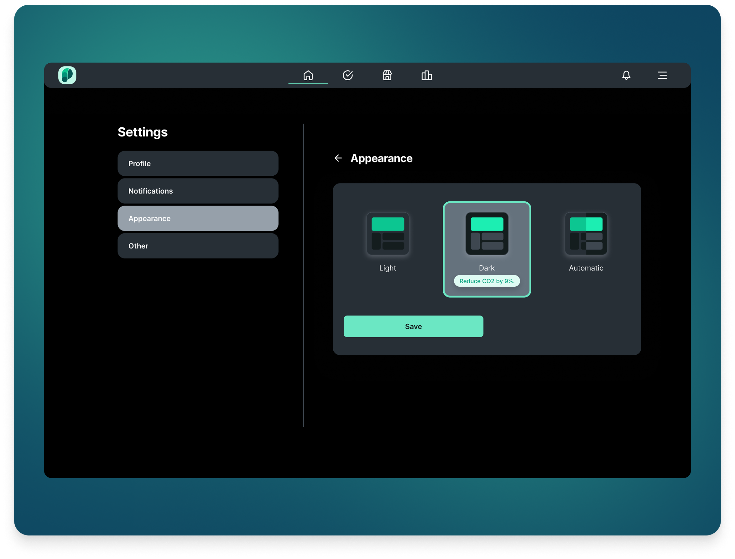 Up2You PlaNet appearance settings with light, dark, and automatic theme picker