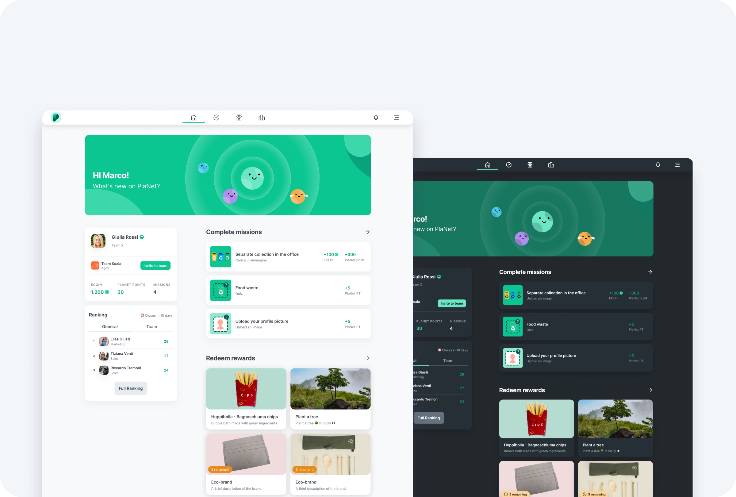Up2You PlaNet dashboard in light and dark mode