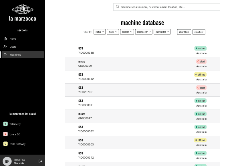 La Marzocco aftersales advisor interface — data lookup