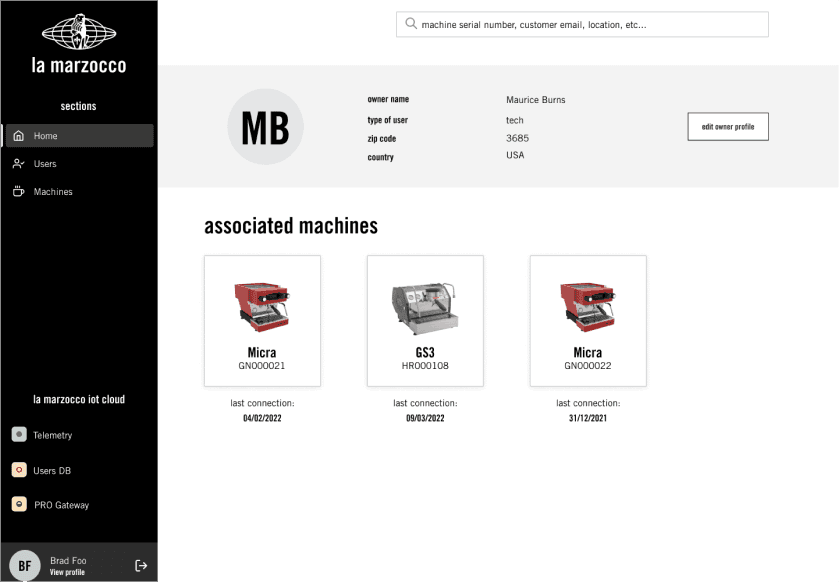 La Marzocco aftersales advisor interface — machine diagnostics