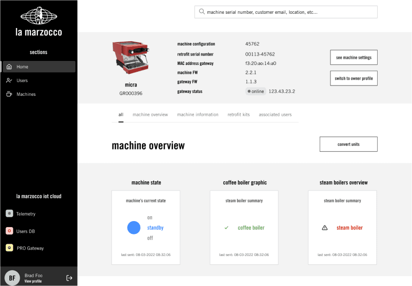 La Marzocco aftersales advisor interface — regional hub management