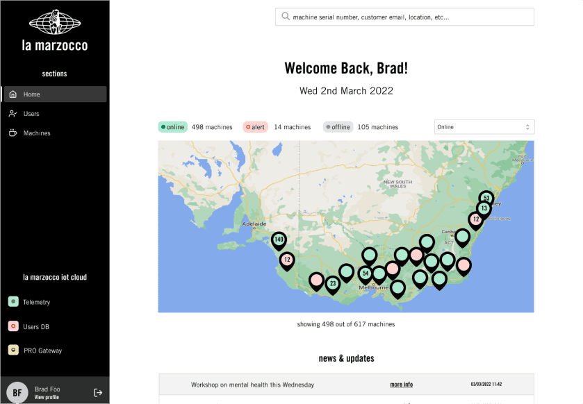 La Marzocco aftersales advisor interface — ticket detail view