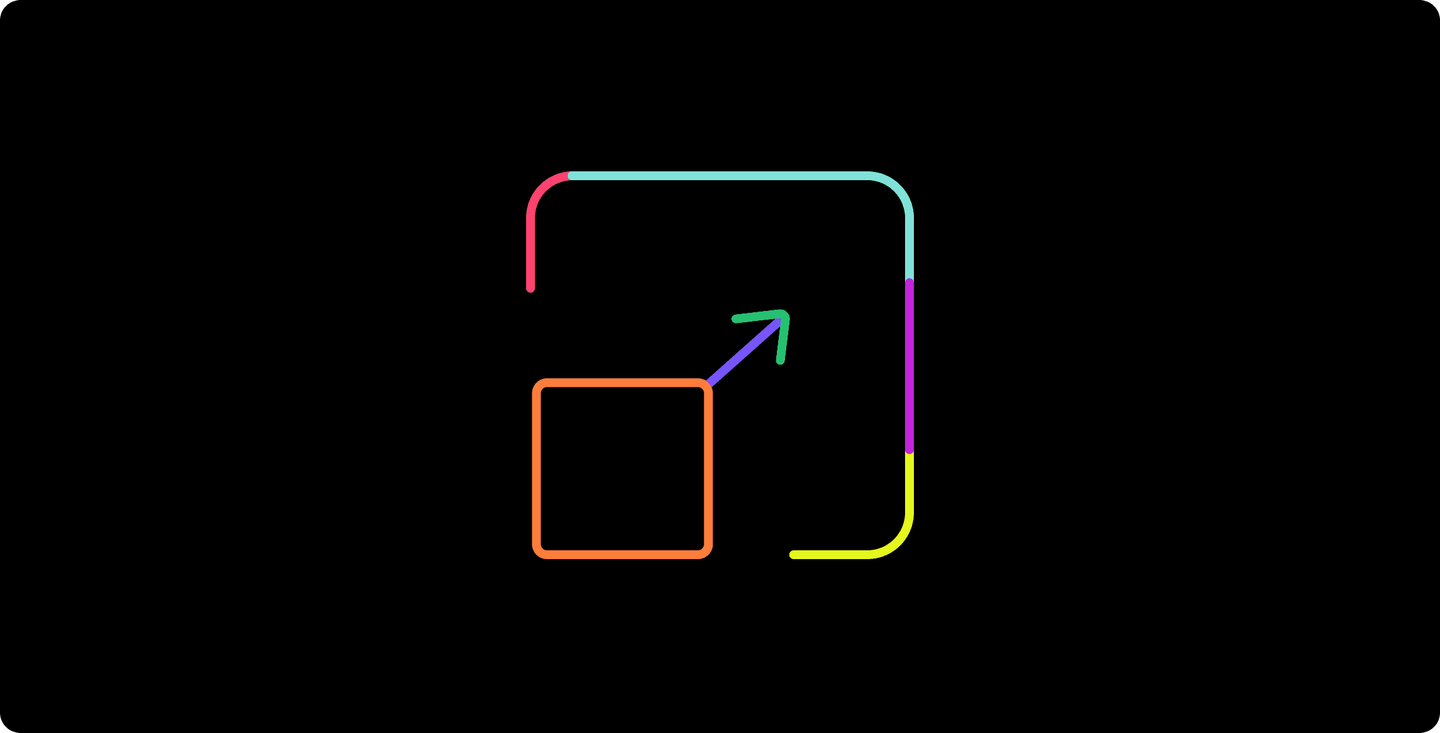 Abstract illustration of a box with an upward arrow inside a flexible frame, symbolizing scalable growth and expansion