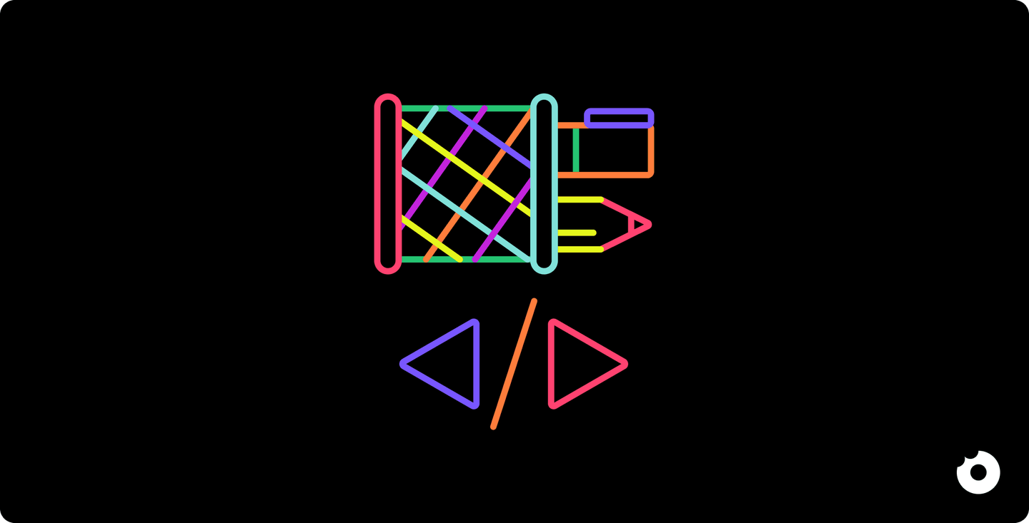Abstract illustration of a design to code pipeline showing a wireframe block transforming into code symbols with colorful geometric lines on a dark background