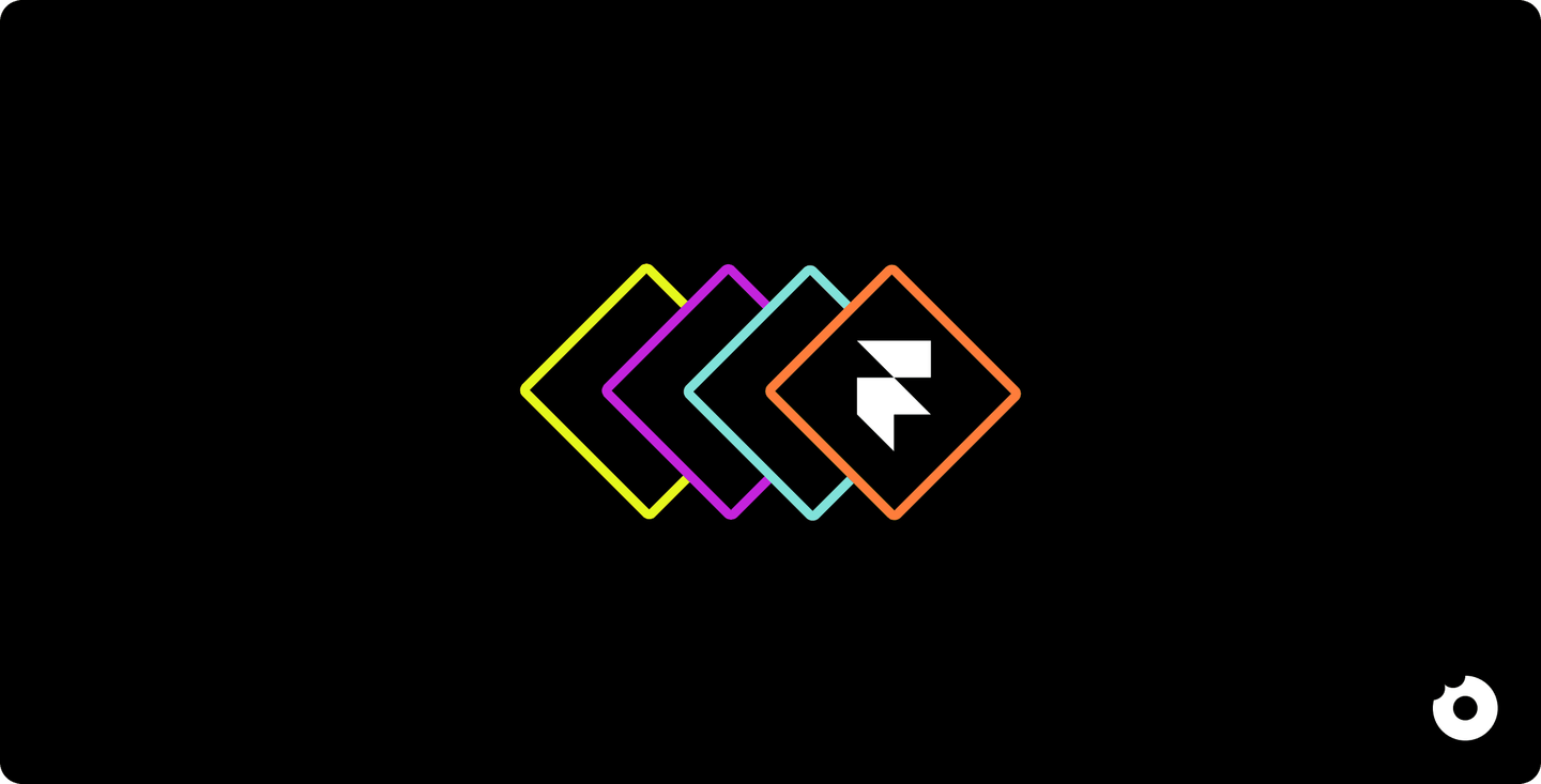 Four overlapping outlined diamond shapes in bright colors on a black background, with a white Framer logo on the front shape