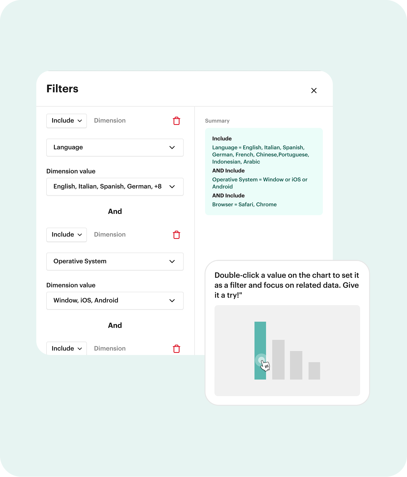 Anonymised redesigned filtering system with dimensions and summary