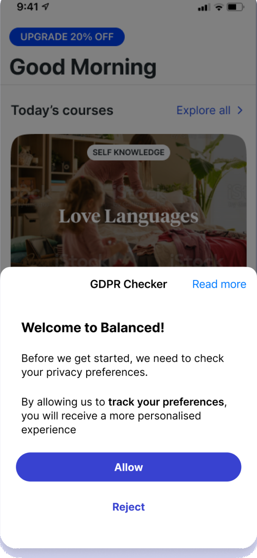Balanced home screen with privacy consent sheet