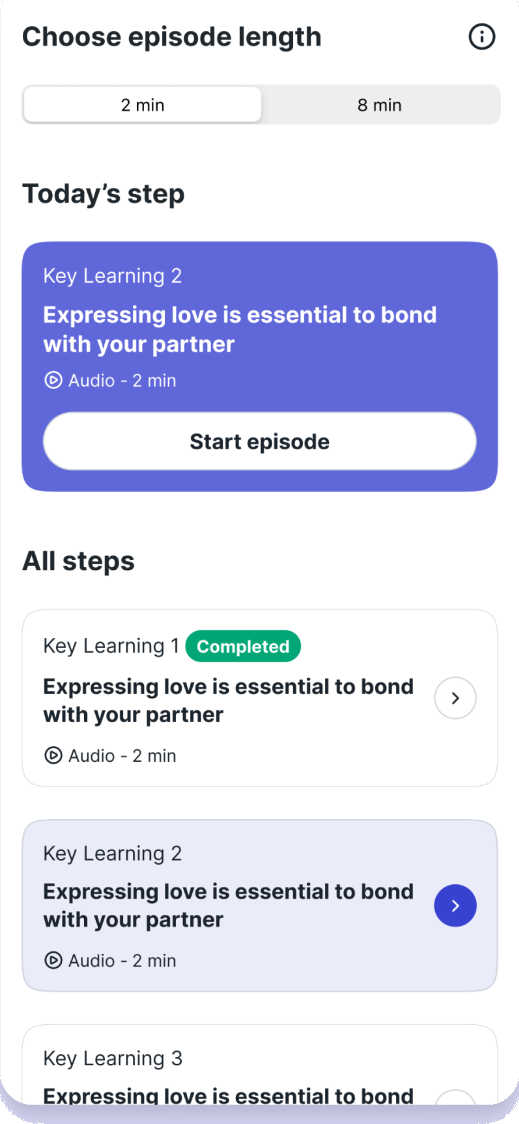 Balanced course steps with audio episodes