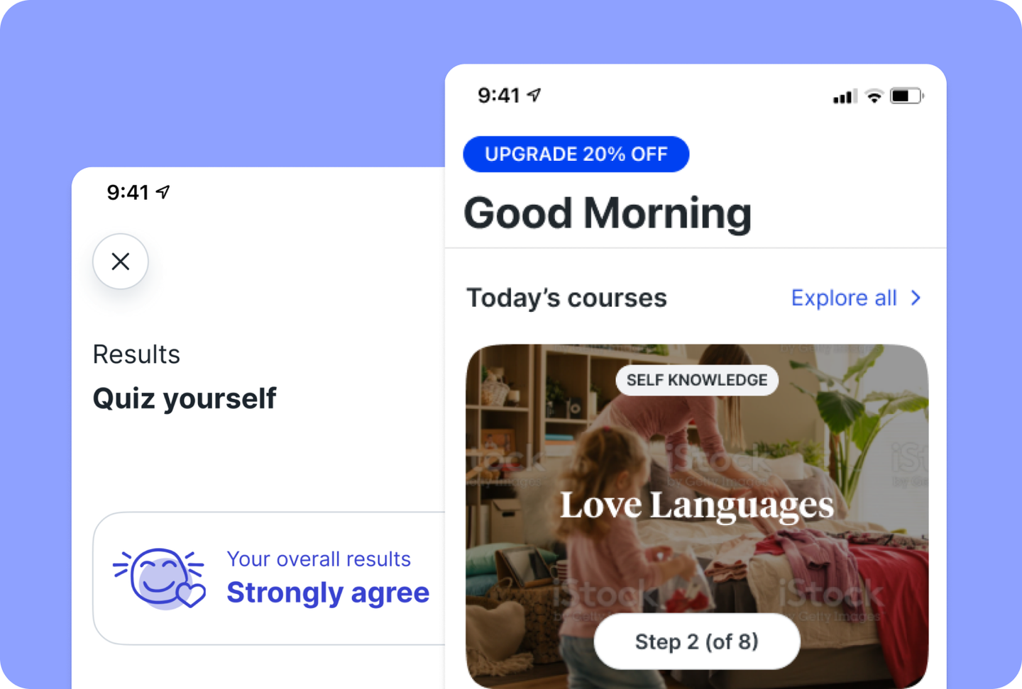 Balanced quiz results and home with today's courses