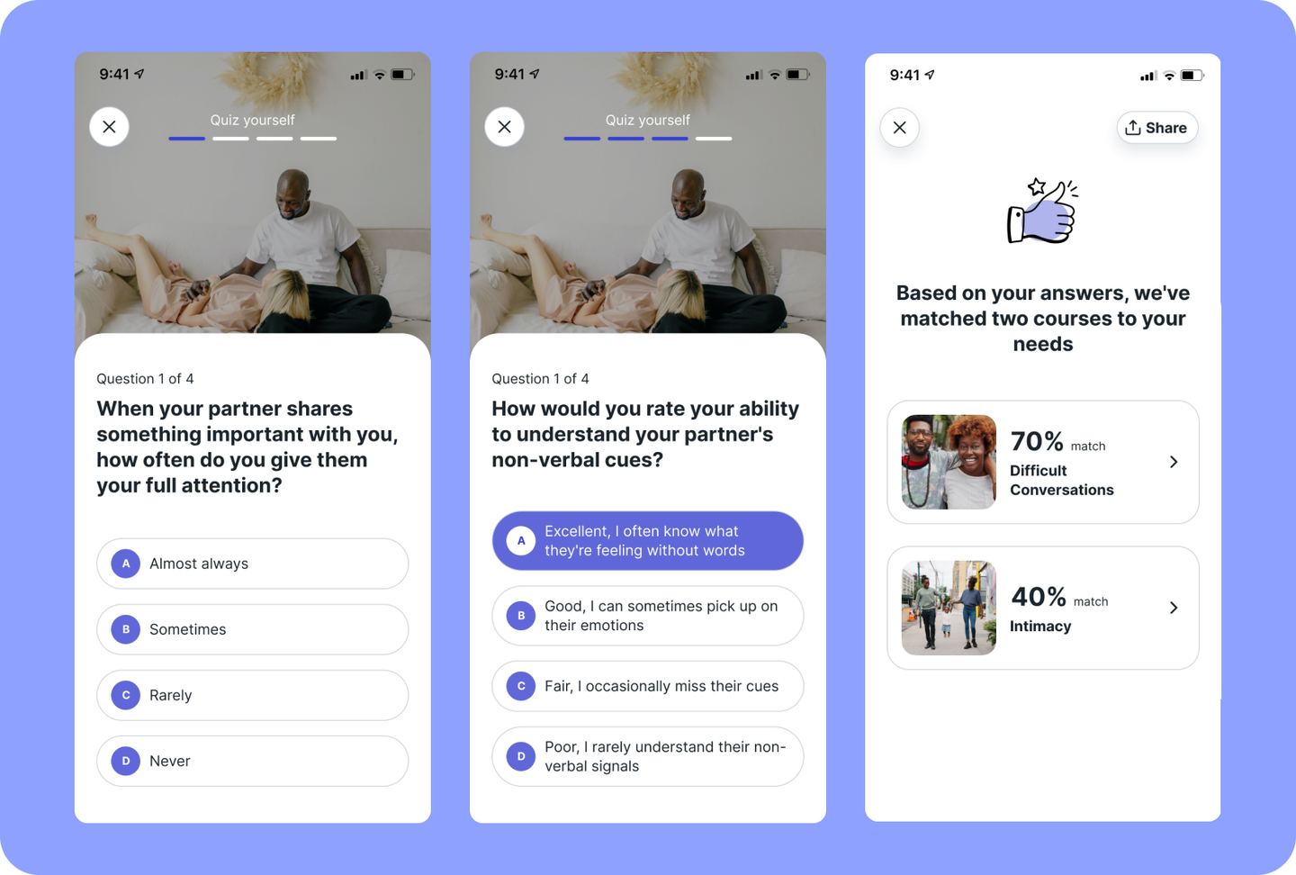Balanced quiz matching users to recommended courses