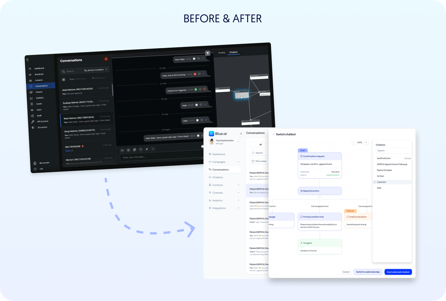 Blue.ai platform before and after the redesign