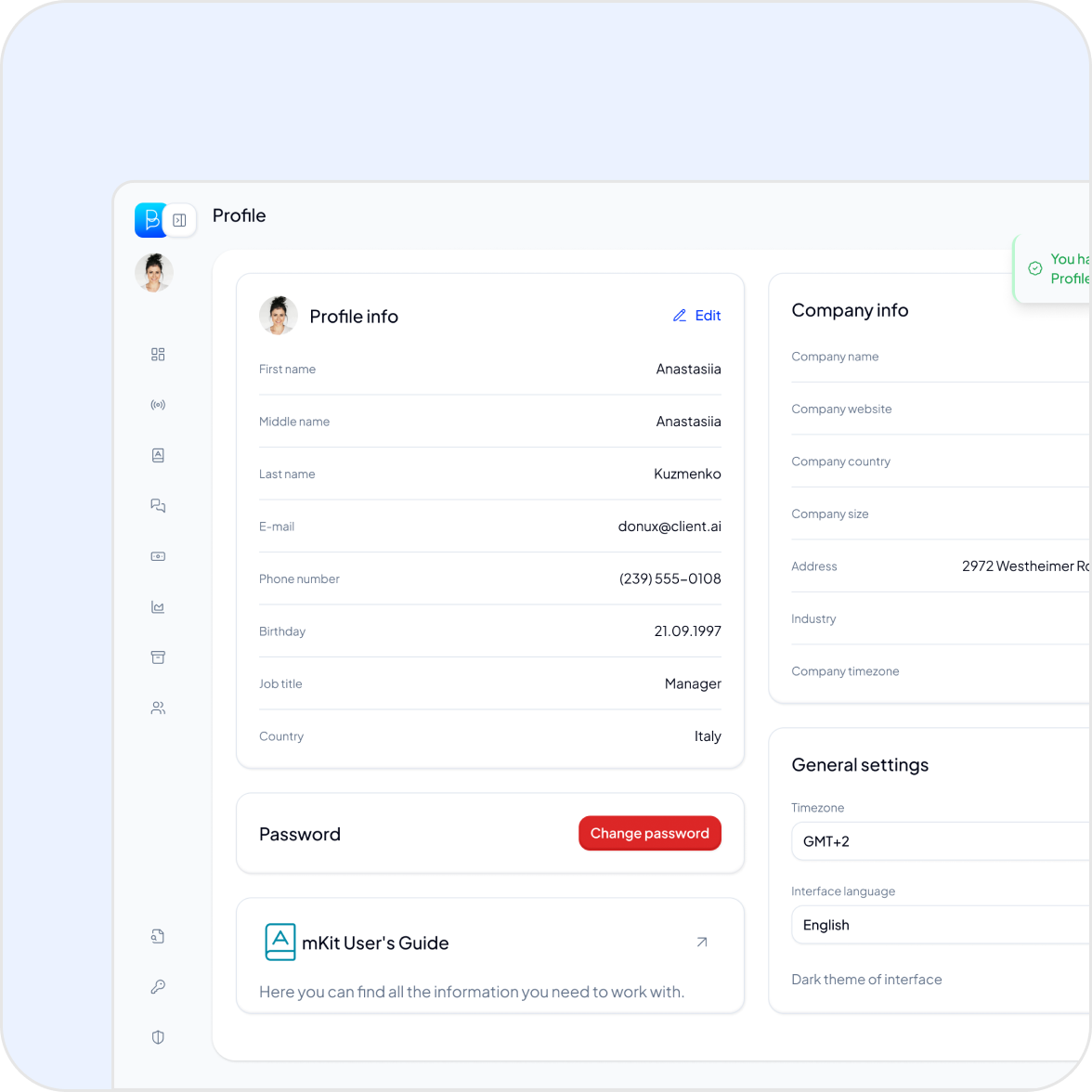 Blue.ai redesigned profile and company settings page