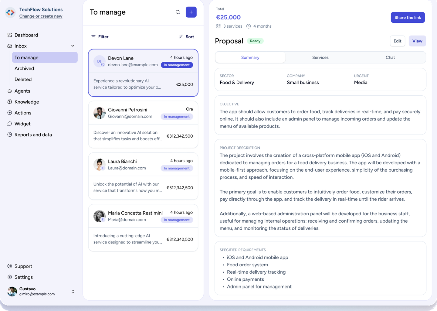 Bonobo AI inbox with incoming requests and proposal summary