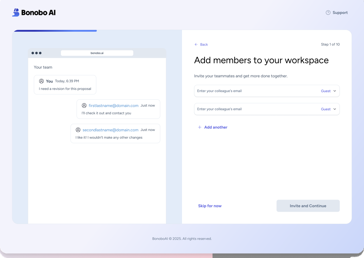 Bonobo AI onboarding step to invite team members to the workspace