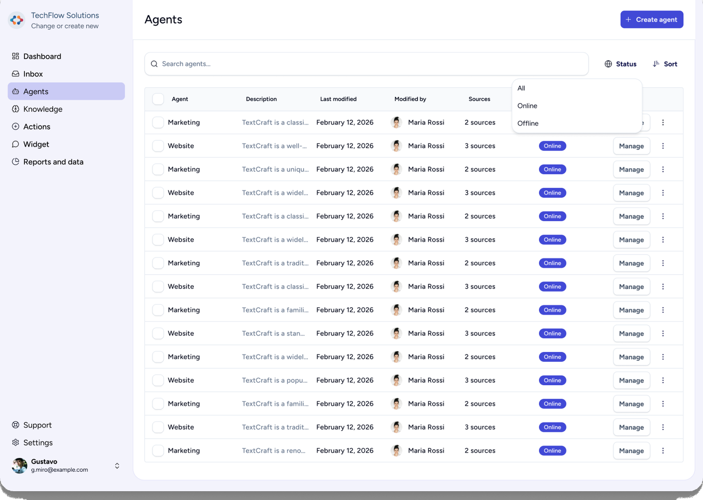 Bonobo AI agents list with status filter