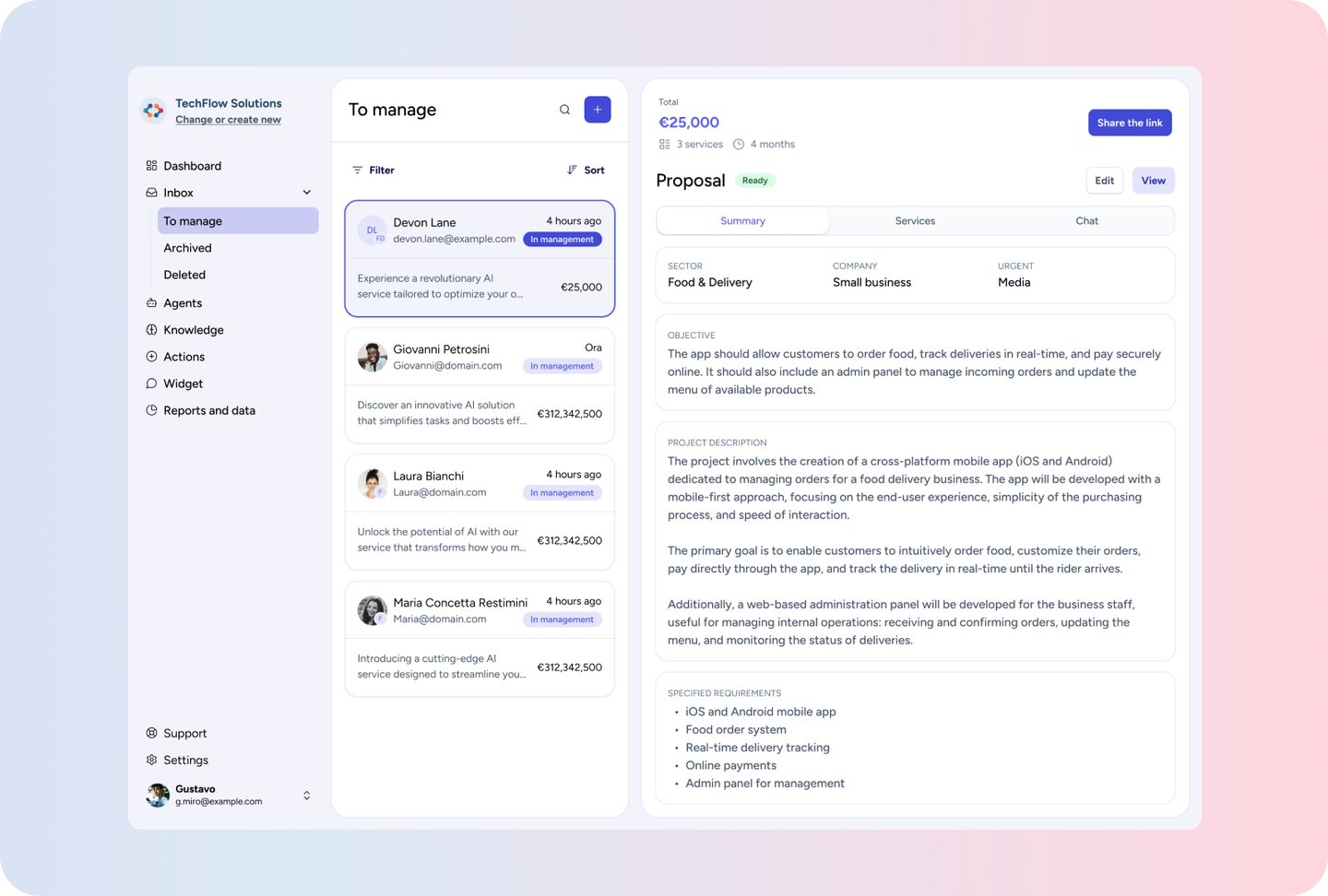 Bonobo AI inbox showing a request with objective, description and requirements