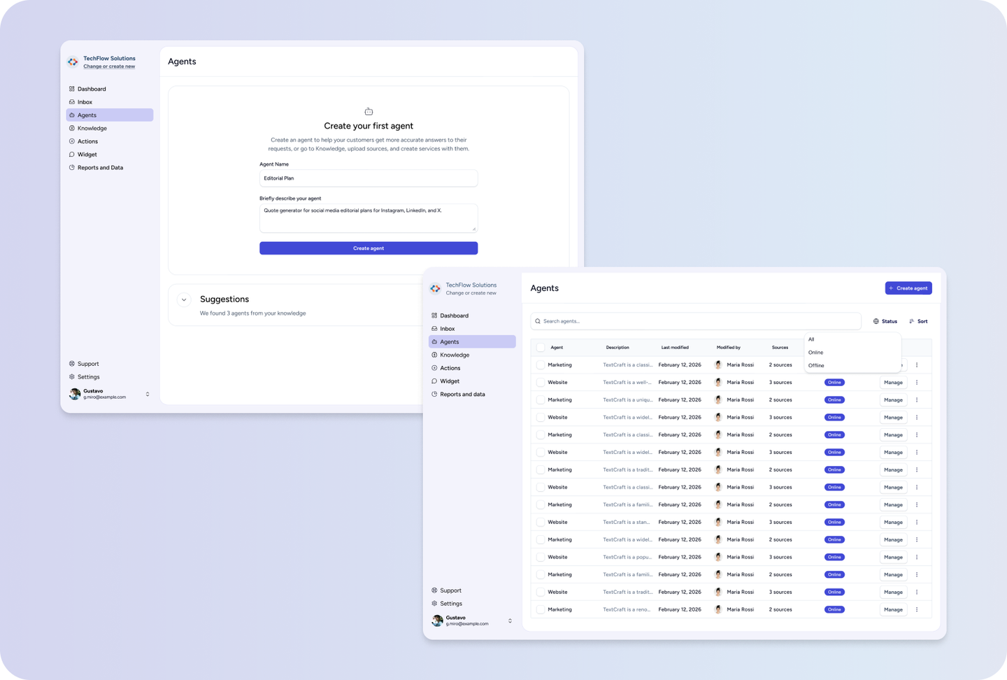 Bonobo AI agent creation screen and agents list